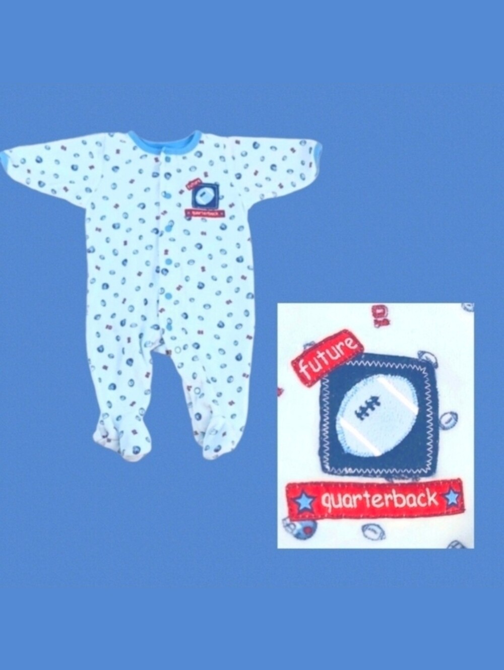 Vintage 3 Months Baby Football Sleepsuit One Piece Outfit Blue Pajamas 3M Mos